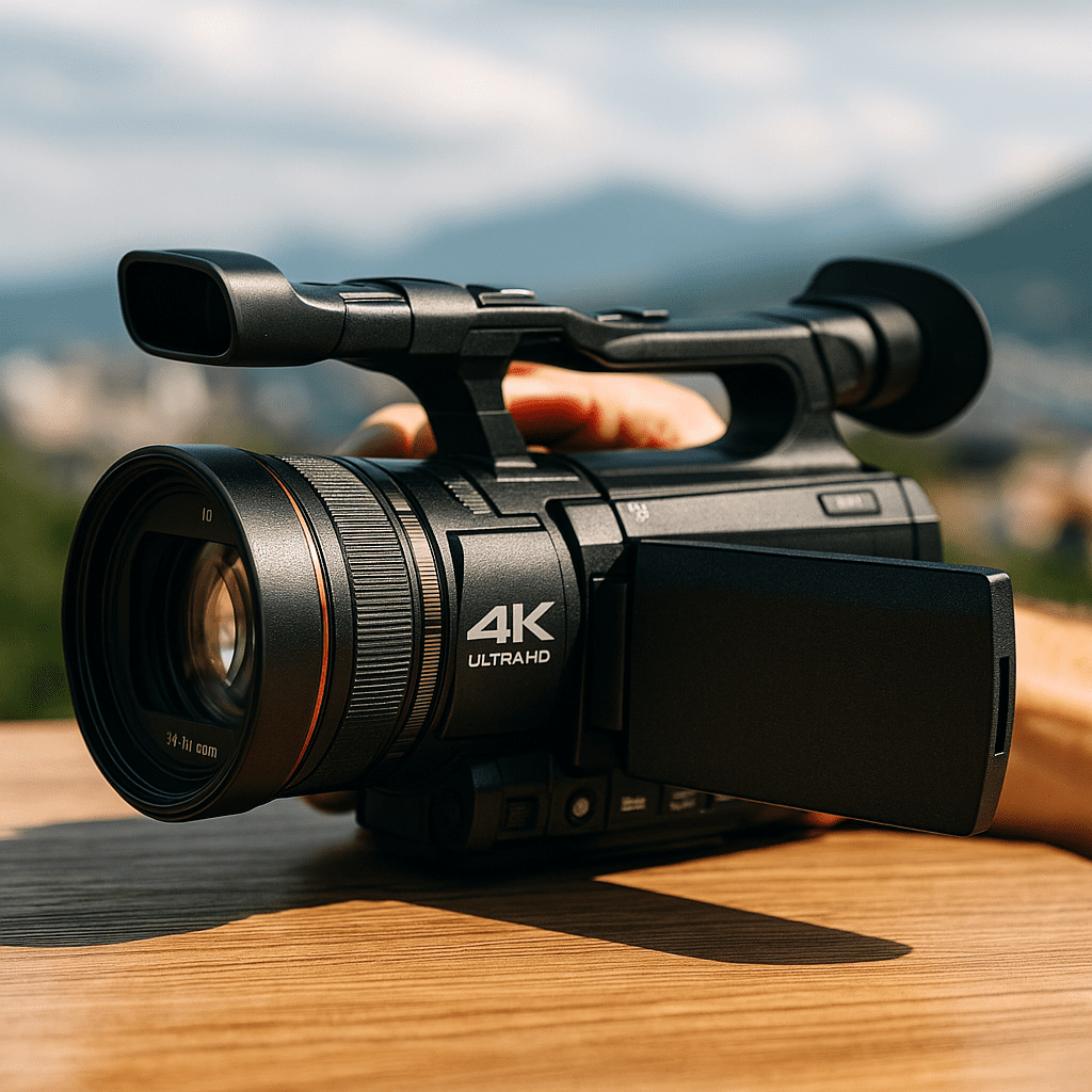 caméscope 4K moderne,fond flou en extérieur ,ambiance lumineuse et professionnelle,esthétique nette, détaillée